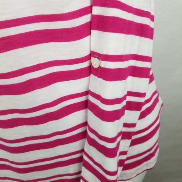 Banana Republic Pink & White Roll Tab Long Sleeve Striped Scoop Neck Relaxed Top - Picture 2 of 6